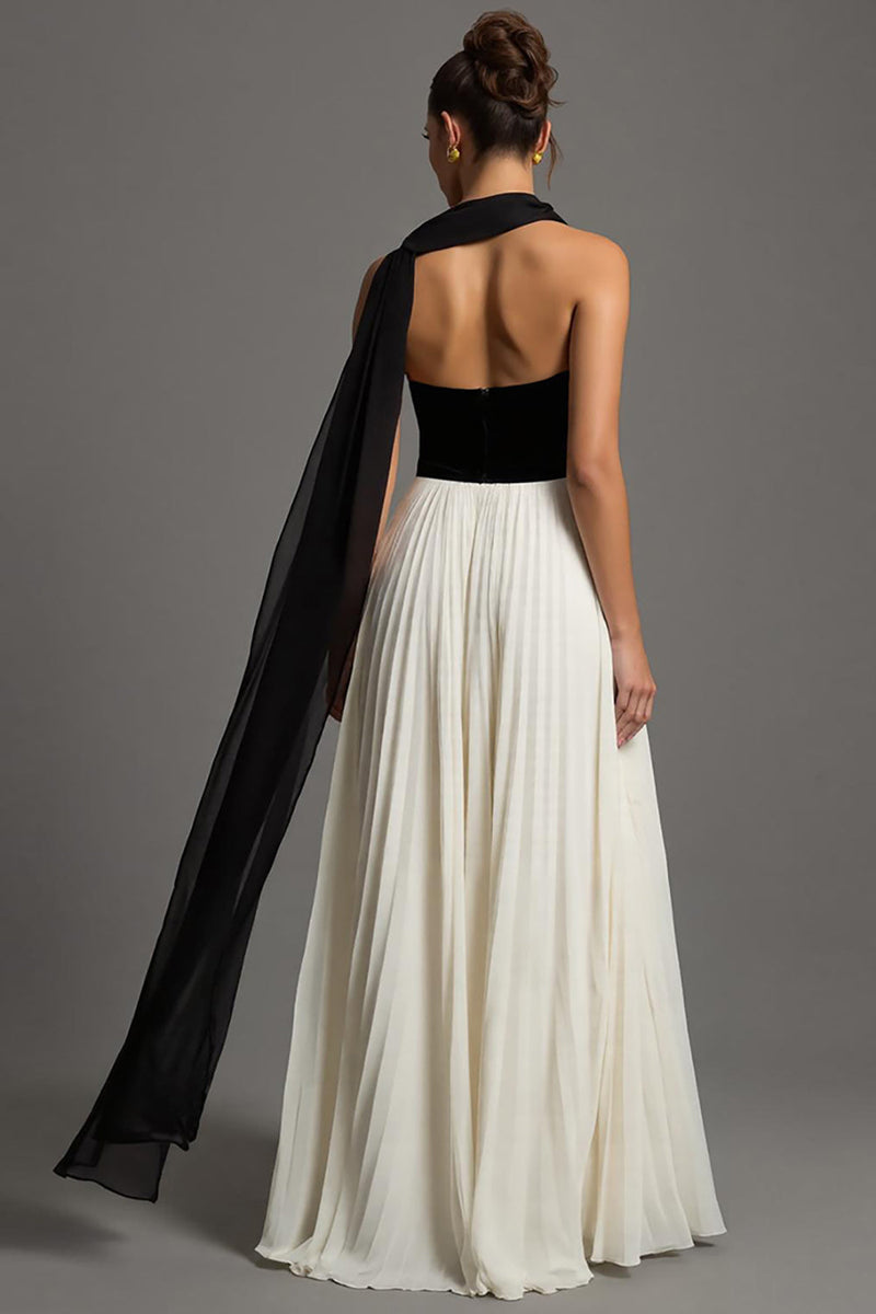 Load image into Gallery viewer, Black and White A Line Chiffon Sweetheart Pleated Long Formal Dress