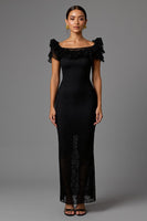 Load image into Gallery viewer, Black Lace Sheath Boat Neck Long Formal Dress with Ruffles