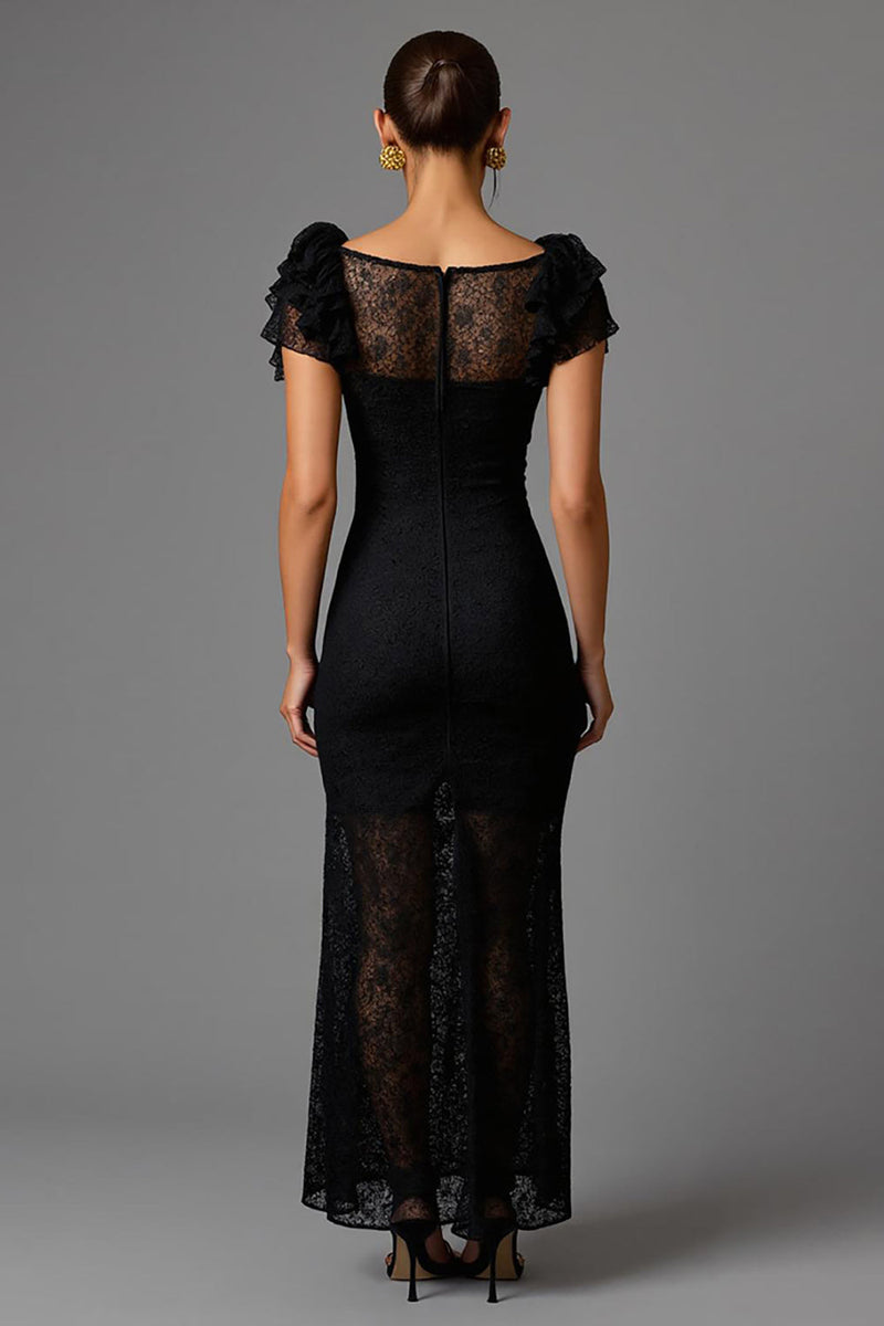 Load image into Gallery viewer, Black Lace Sheath Boat Neck Long Formal Dress with Ruffles