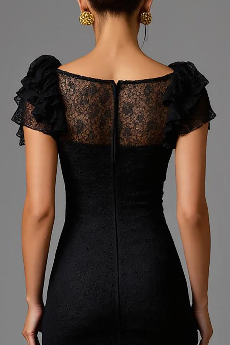 Load image into Gallery viewer, Black Lace Sheath Boat Neck Long Formal Dress with Ruffles