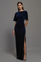Load image into Gallery viewer, Navy Velvet Bateau Neck Sheath Long Formal Dress with Slit