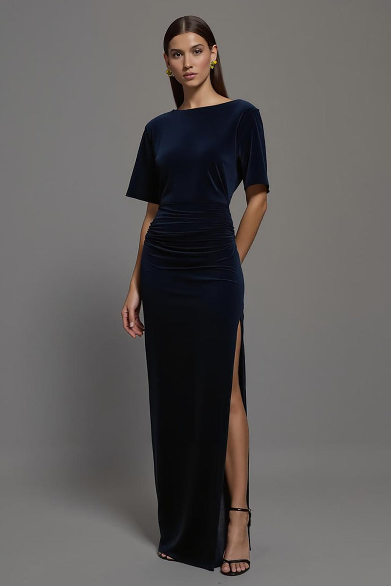 Load image into Gallery viewer, Navy Velvet Bateau Neck Sheath Long Formal Dress with Slit