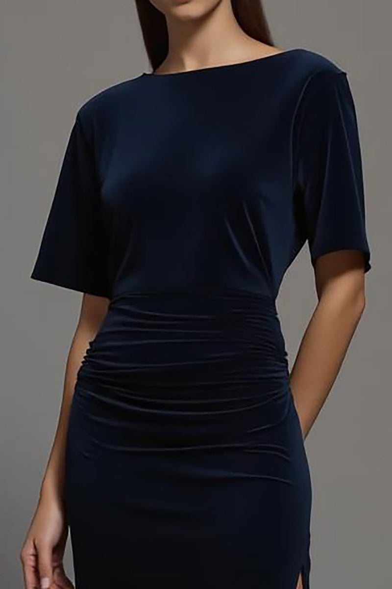 Load image into Gallery viewer, Navy Velvet Bateau Neck Sheath Long Formal Dress with Slit