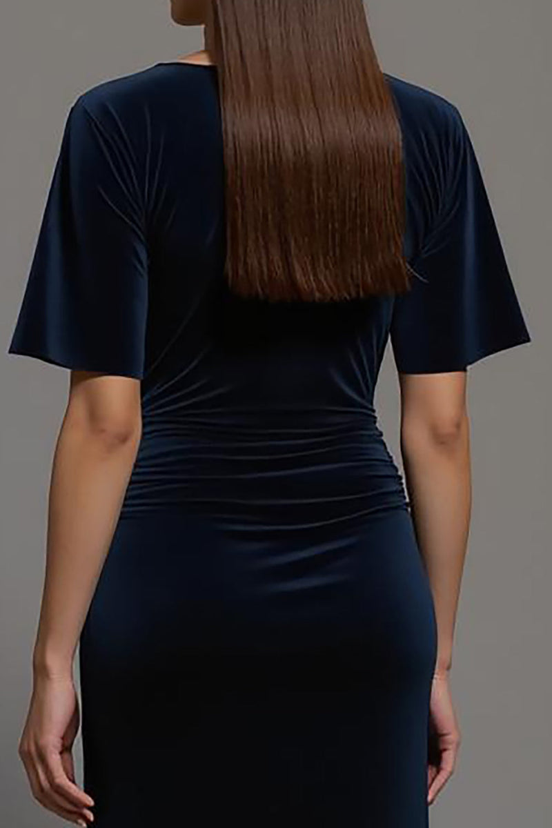 Load image into Gallery viewer, Navy Velvet Bateau Neck Sheath Long Formal Dress with Slit