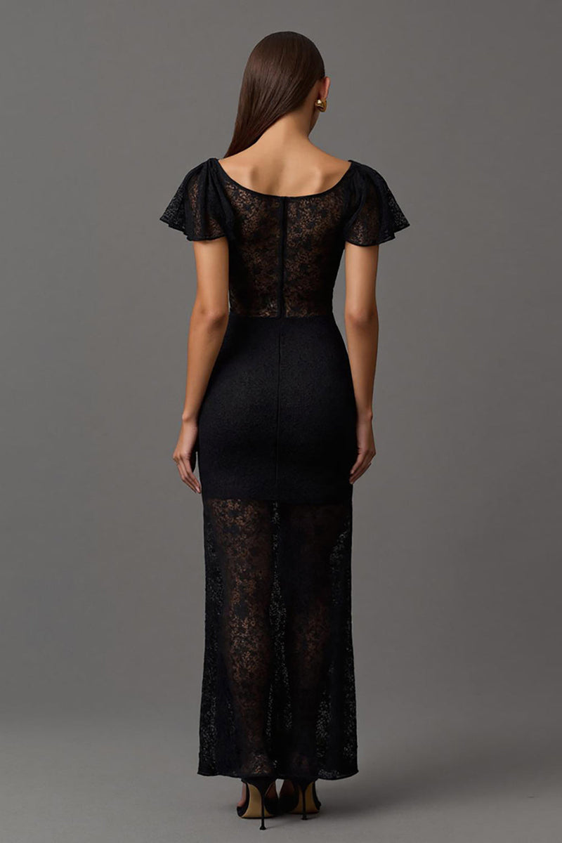 Load image into Gallery viewer, Black Sheath Boat Neck Lace Long Formal Dress with Ruffles