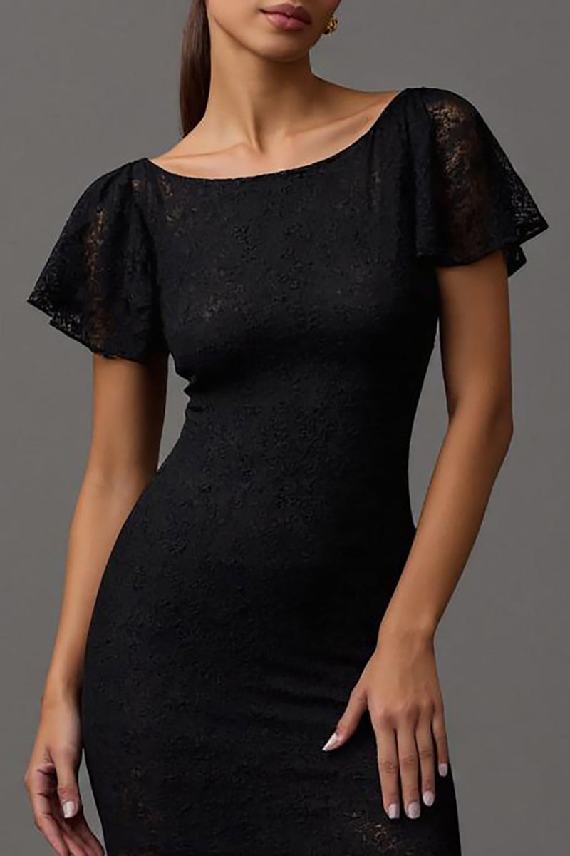 Load image into Gallery viewer, Black Sheath Boat Neck Lace Long Formal Dress with Ruffles