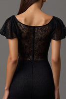 Load image into Gallery viewer, Black Sheath Boat Neck Lace Long Formal Dress with Ruffles