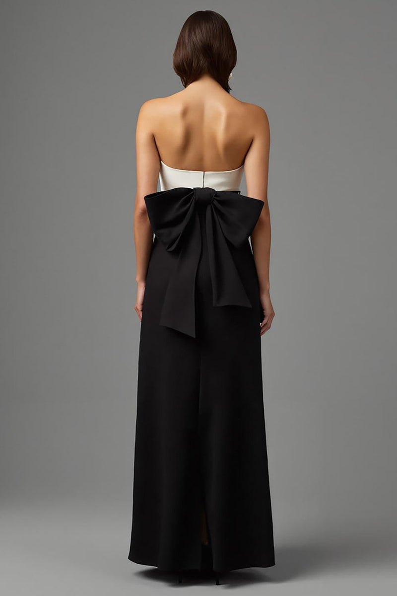 Load image into Gallery viewer, Simple Black and White Long Strapless Formal Dress with Bow