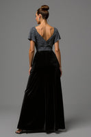 Load image into Gallery viewer, Sparkly Black and Grey A Line Velvet V Neck Long Formal Dress