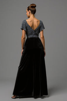 Sparkly Black and Grey A Line Velvet V Neck Long Formal Dress