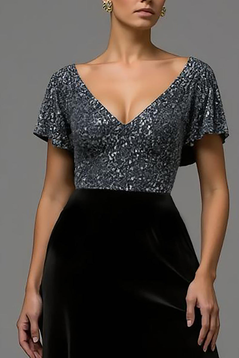 Load image into Gallery viewer, Sparkly Black and Grey A Line Velvet V Neck Long Formal Dress