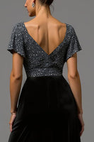 Load image into Gallery viewer, Sparkly Black and Grey A Line Velvet V Neck Long Formal Dress