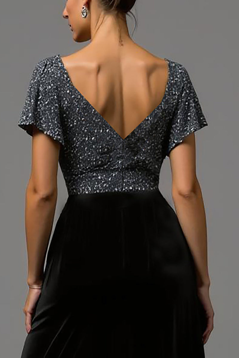 Load image into Gallery viewer, Sparkly Black and Grey A Line Velvet V Neck Long Formal Dress