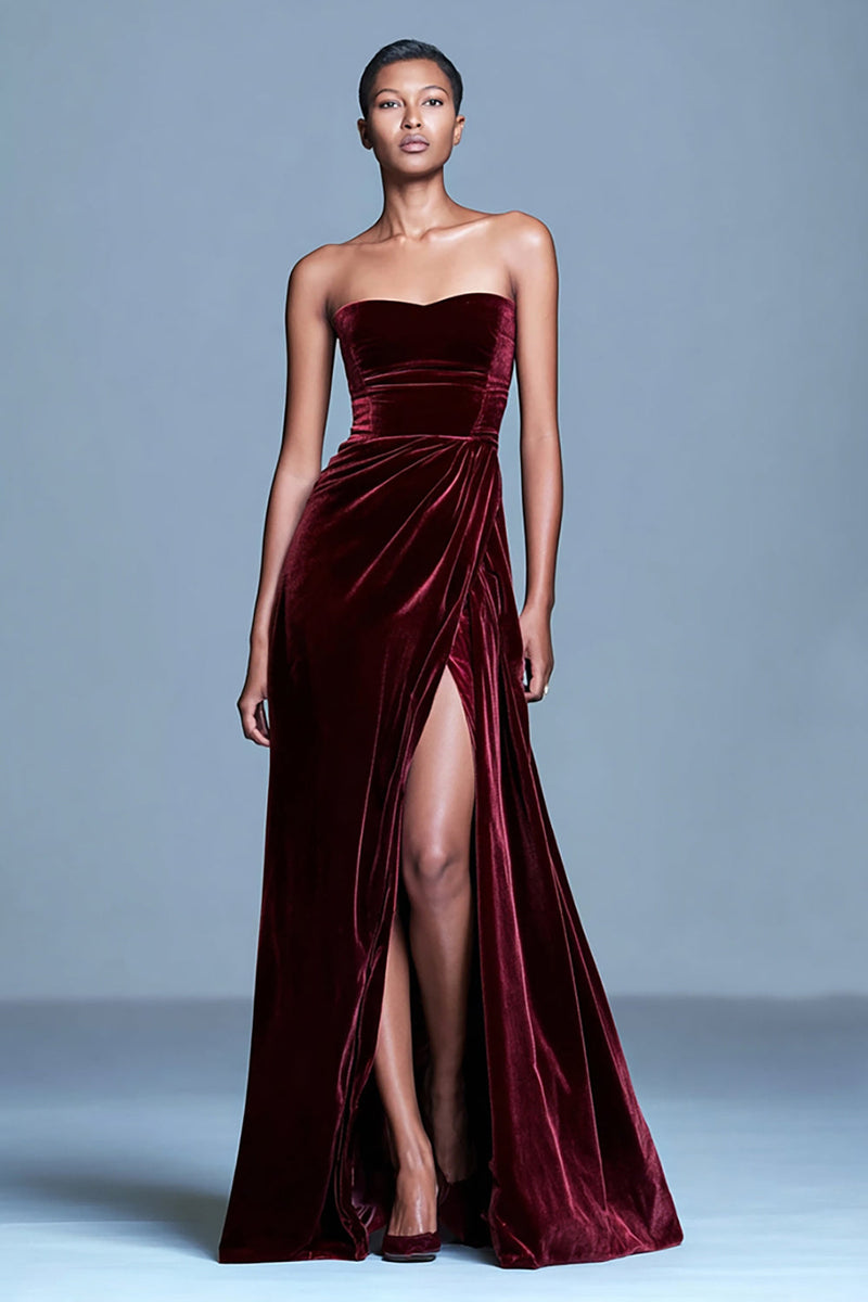 Queendancer Women Burgundy Velvet Long Holiday Party Dress with Slit Sheath Strapless Formal Dress – queendanceruk
