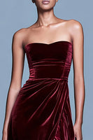 Load image into Gallery viewer, Burgundy Velvet Long Strapless Holiday Party Dress with Slit