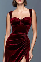 Load image into Gallery viewer, Burgundy Ruched Velvet Long Holiday Party Dress with Slit