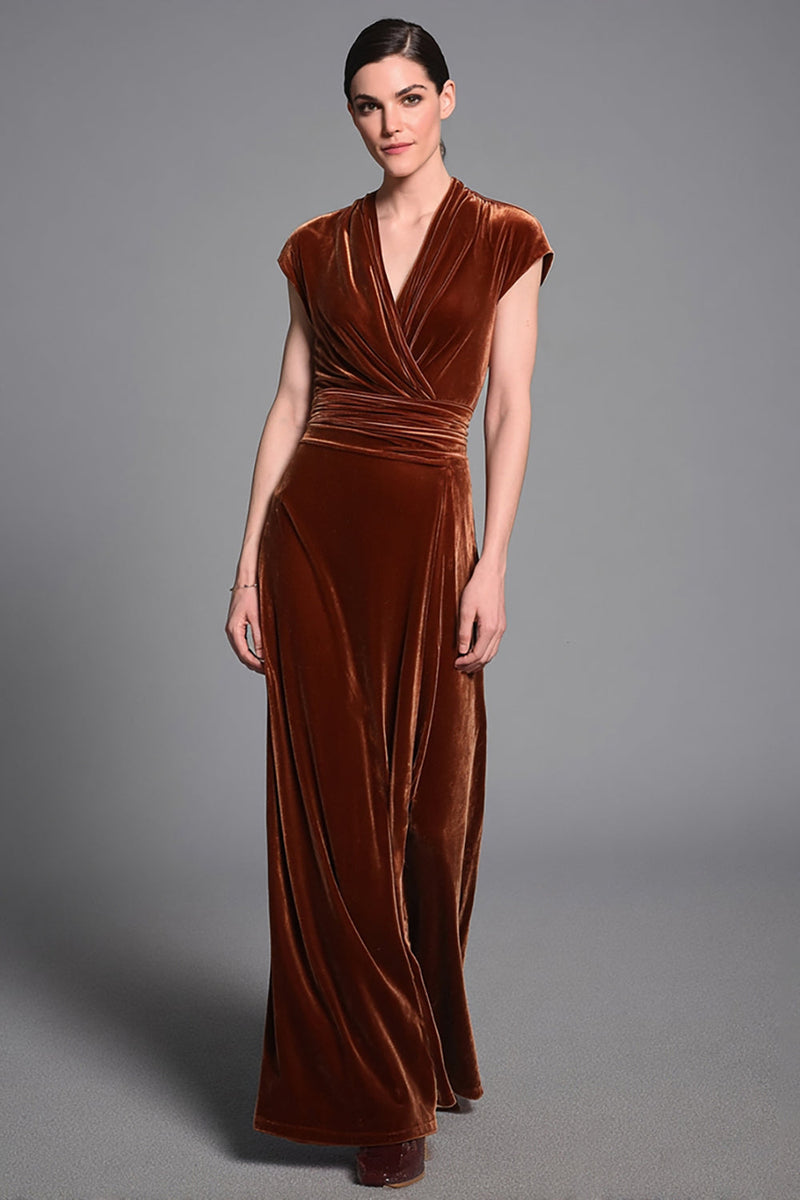 Load image into Gallery viewer, Queendancer Women Caramel Velvet Long Holiday Party Dress Sheath Ruched V-Neck Formal Dress