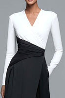 Load image into Gallery viewer, Black and White Patchwork Long Sleeves V-Neck Formal Dress with Pockets