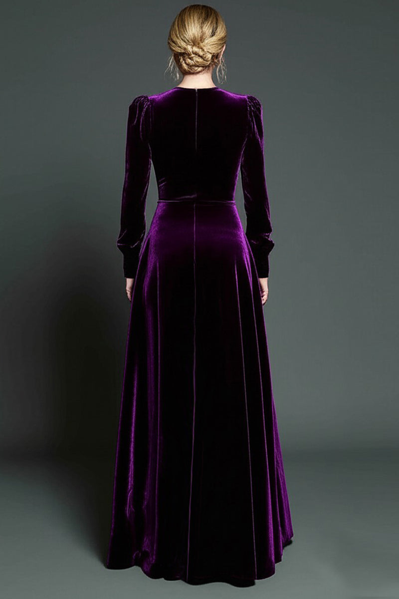 Queendancer Women Simple Dark Purple Velvet Long Holiday Party Dress with  Sleeves A Line Round Neck Formal Dress – queendanceruk