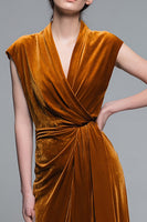 Load image into Gallery viewer, Caramel Velvet V-Neck Ruched Long Holiday Party Dress