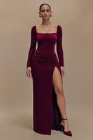Load image into Gallery viewer, Burgundy Square Neck Satin Long Sleeves Formal Dress with Slit