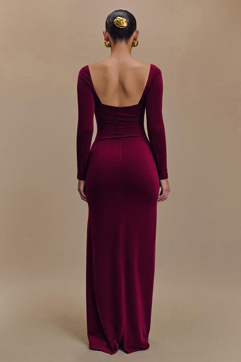 Load image into Gallery viewer, Burgundy Square Neck Satin Long Sleeves Formal Dress with Slit