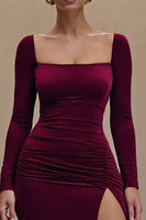 Load image into Gallery viewer, Burgundy Square Neck Satin Long Sleeves Formal Dress with Slit