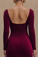Load image into Gallery viewer, Burgundy Square Neck Satin Long Sleeves Formal Dress with Slit