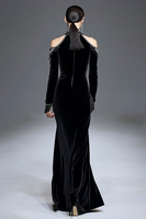 Load image into Gallery viewer, Sparkly Black High Neck Velvet Long Sleeves Holiday Party Dress with Beading