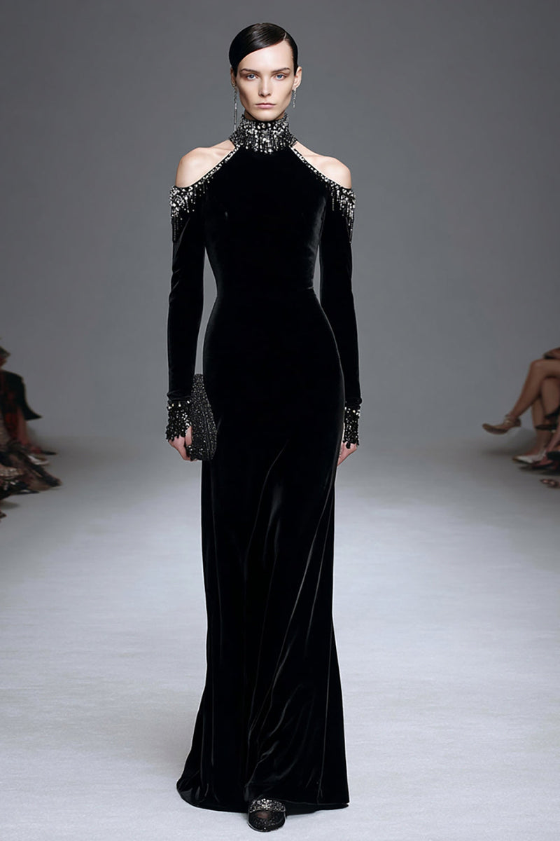 Load image into Gallery viewer, Sparkly Black High Neck Velvet Long Sleeves Holiday Party Dress with Beading