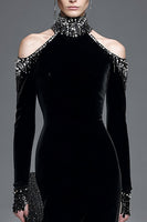 Load image into Gallery viewer, Sparkly Black High Neck Velvet Long Sleeves Holiday Party Dress with Beading