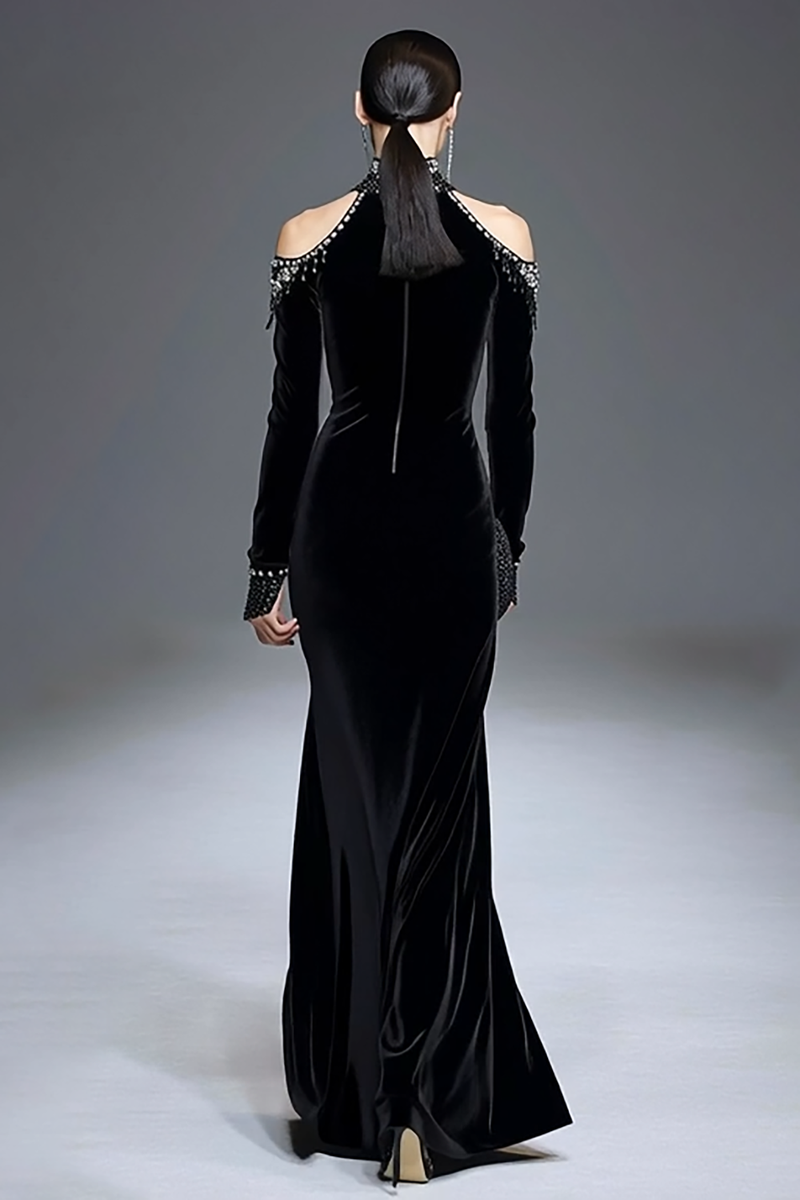 Load image into Gallery viewer, Sparkly Black High Neck Velvet Long Sleeves Holiday Party Dress with Beading