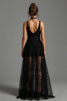 Black V-Neck Lace A Line Long Formal Dress
