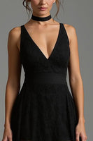 Load image into Gallery viewer, Black V-Neck Lace A Line Long Formal Dress