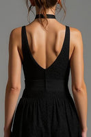 Load image into Gallery viewer, Black V-Neck Lace A Line Long Formal Dress