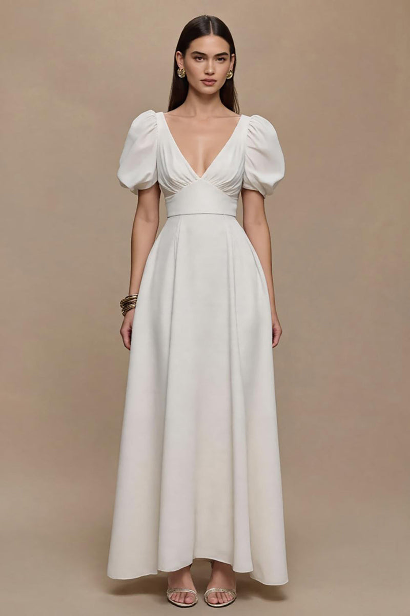 Load image into Gallery viewer, Ivory V-Neck Satin Puff Sleeves Long Formal Dress