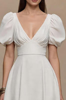 Load image into Gallery viewer, Ivory V-Neck Satin Puff Sleeves Long Formal Dress