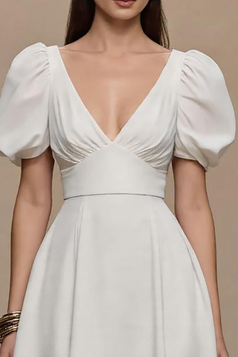Load image into Gallery viewer, Ivory V-Neck Satin Puff Sleeves Long Formal Dress