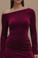 Load image into Gallery viewer, Burgundy Satin One Shoulder Long Sleeves Formal Dress with Slit