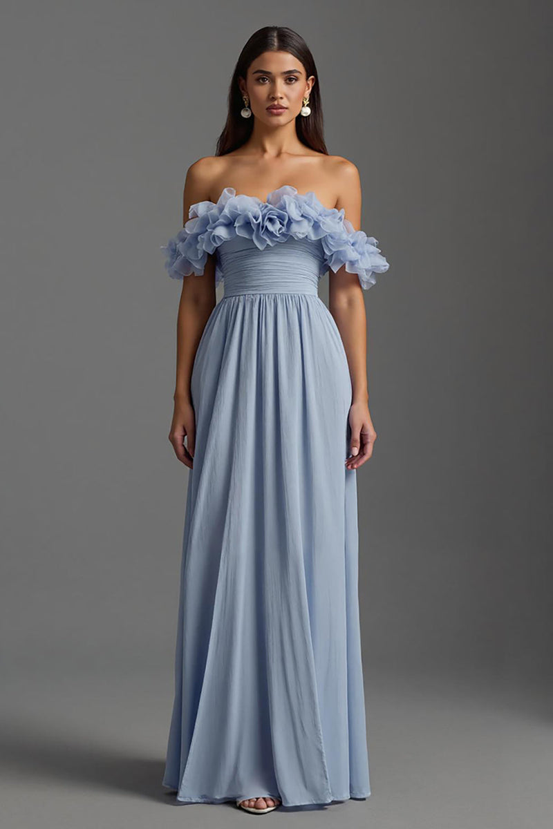 Load image into Gallery viewer, Sky Blue Chiffon A Line Ruched Long Formal Dress with Ruffles