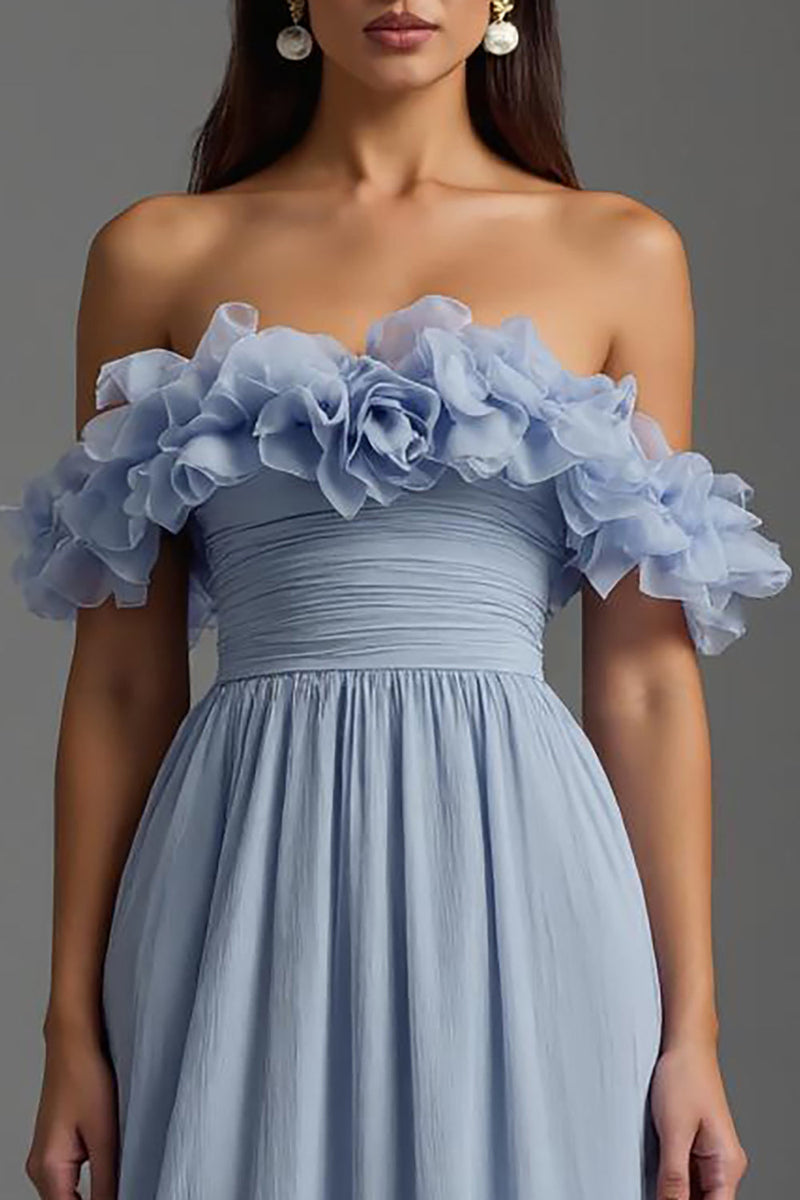 Load image into Gallery viewer, Sky Blue Chiffon A Line Ruched Long Formal Dress with Ruffles