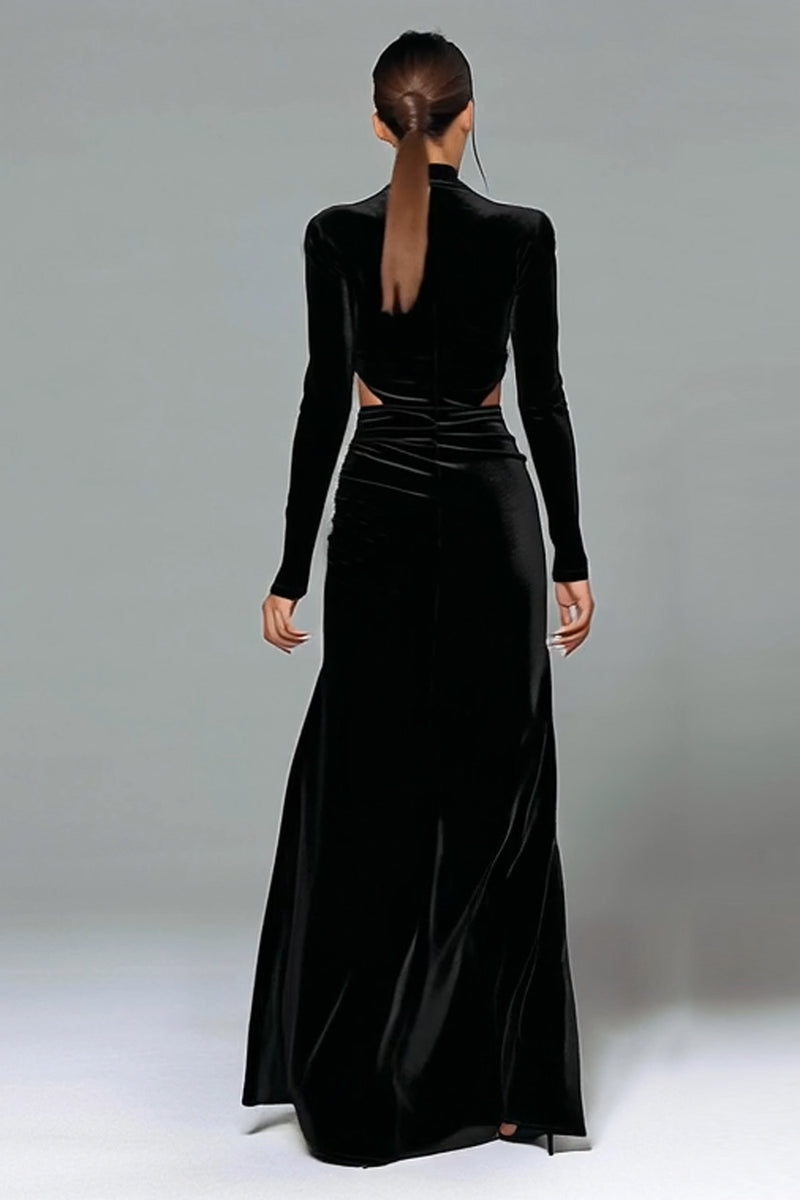 Load image into Gallery viewer, Black Velvet High Neck Sheath Cut Out Long Holiday Party Dress
