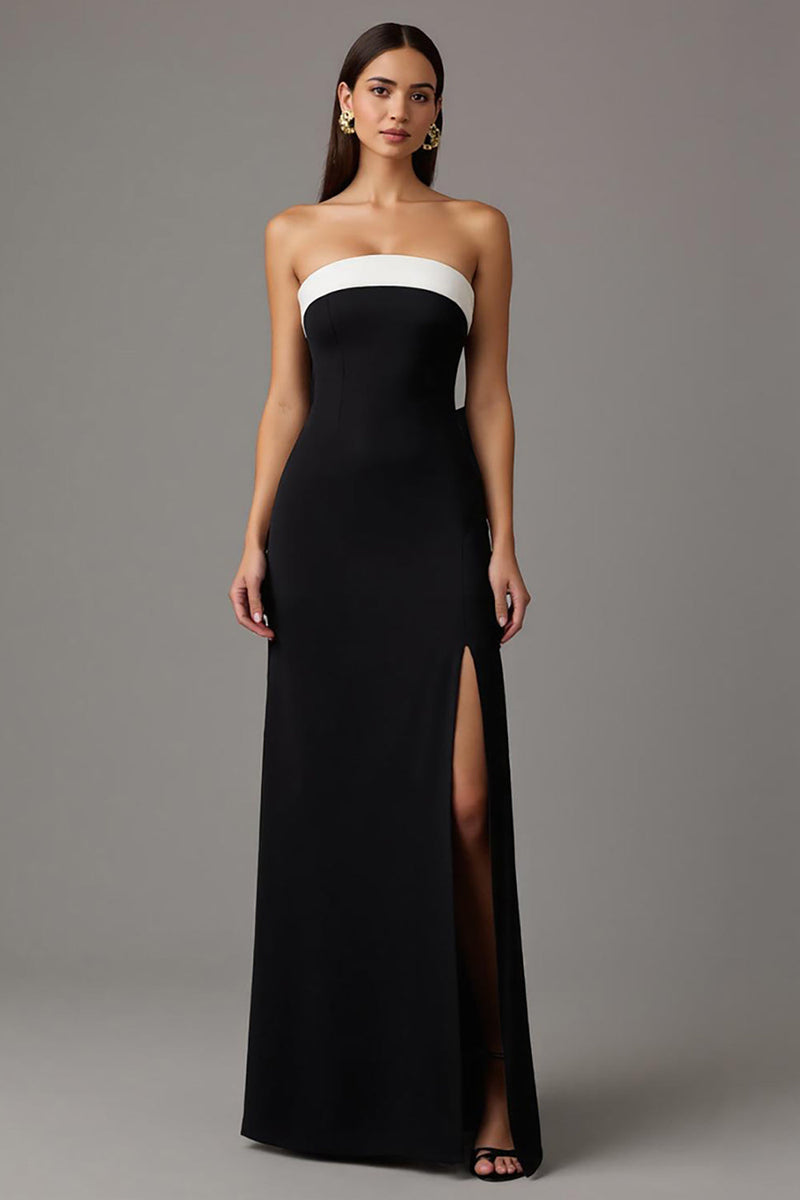 Load image into Gallery viewer, Black and White Strapless Sheath Long Formal Dress with Slit