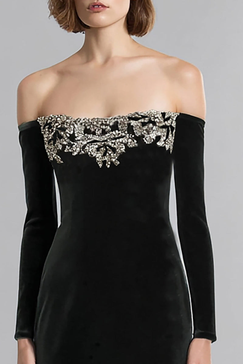 Load image into Gallery viewer, Black Long Sleeves Velvet Holiday Party Dress with Rhinestones