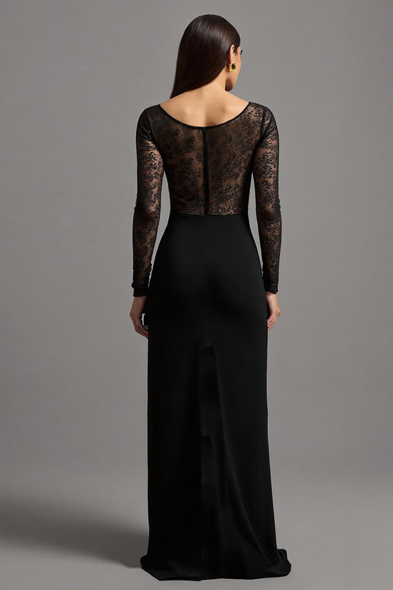 Load image into Gallery viewer, Black Illusion Neck Sheath Long Sleeves Formal Dress with Lace