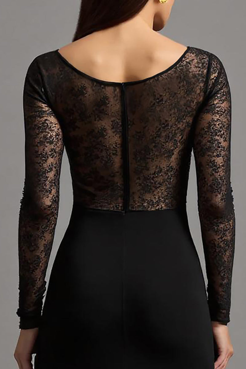 Load image into Gallery viewer, Black Illusion Neck Sheath Long Sleeves Formal Dress with Lace
