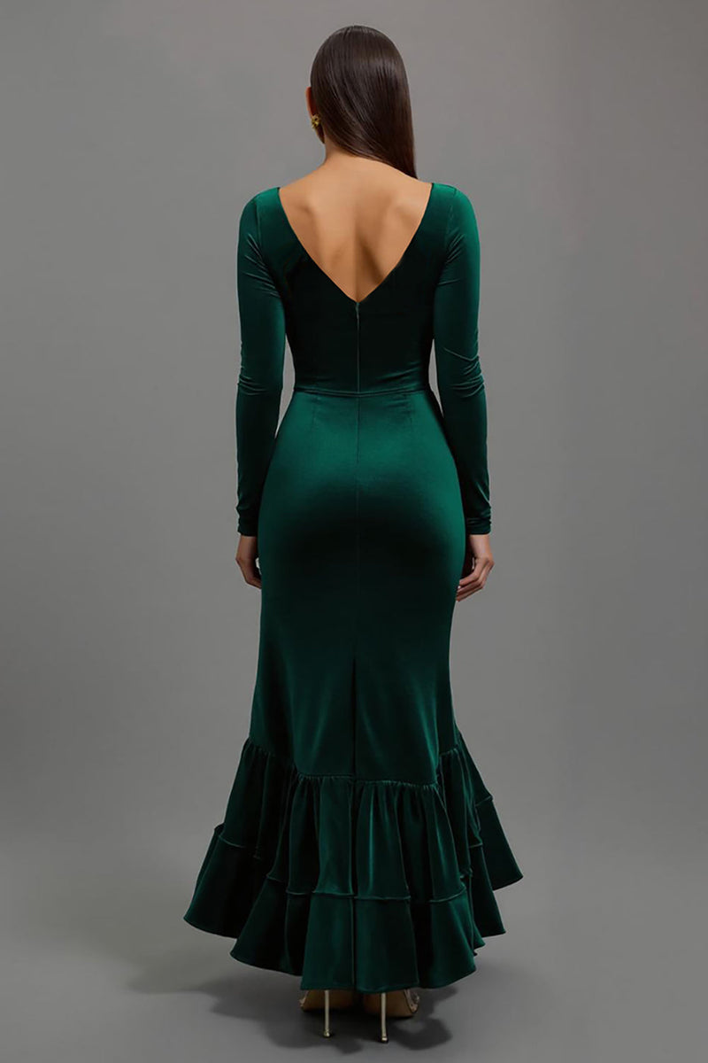 Load image into Gallery viewer, Dark Green Velvet Mermaid Long Sleeves Holiday Party Dress