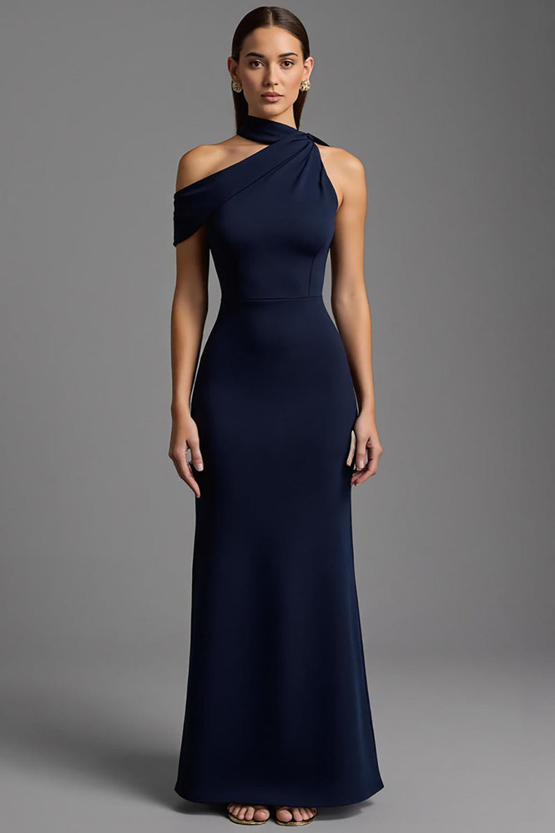 Load image into Gallery viewer, Navy Satin Sheath Asymmetrical Neck Long Formal Dress