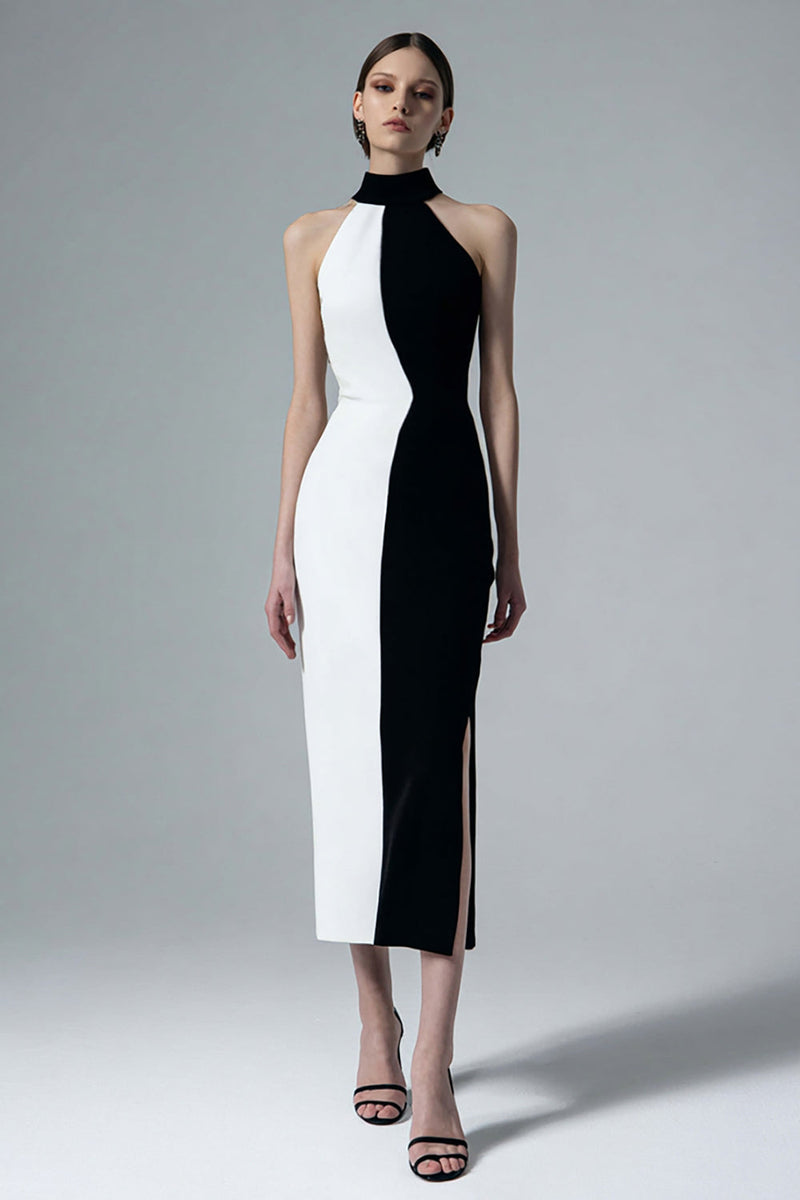 Load image into Gallery viewer, Black and White High Neck Sheath Long Formal Dress with Slit