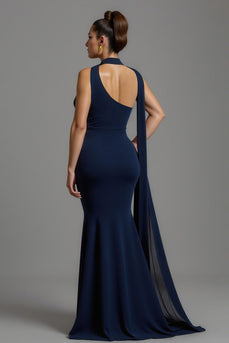 Navy Satin Mermaid Neck Scarf Long Formal Dress